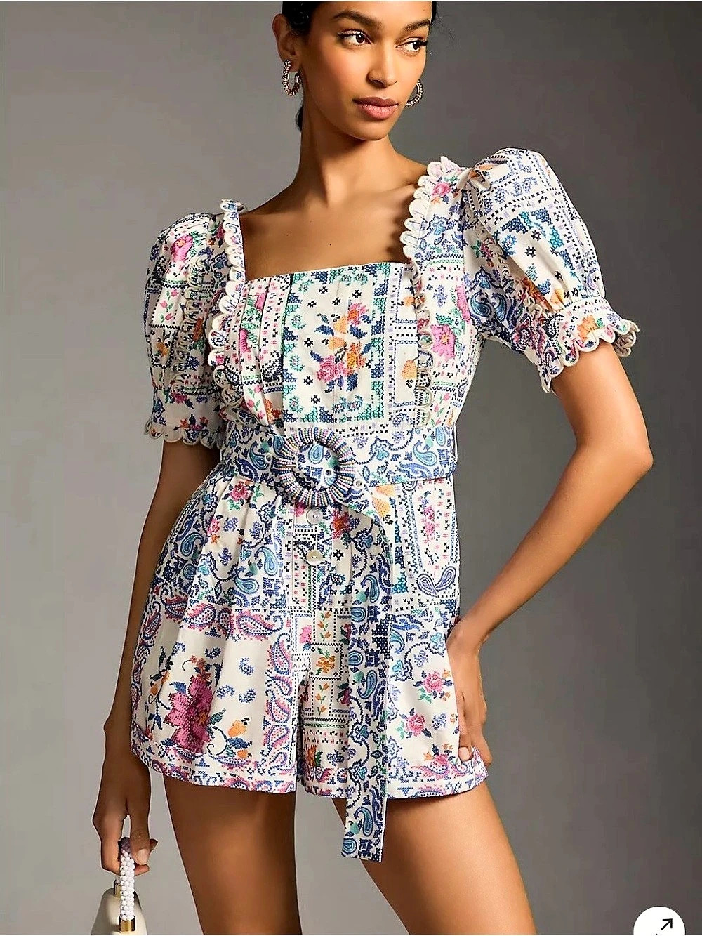 Farm Rio Romantic Bandanas Puff-Sleeve Belted Romper